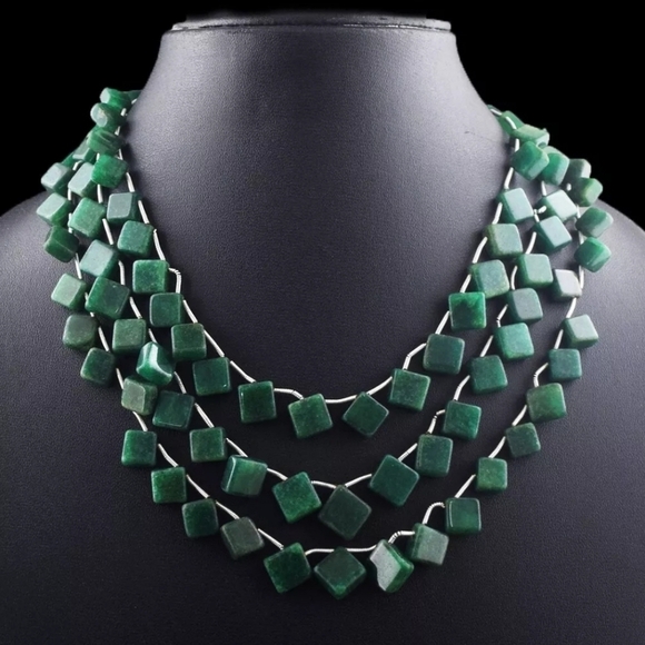 Emerald Gemstone 3 Strand 493 Cts Square Shape Cube Necklace Natural Adustable - Picture 1 of 7